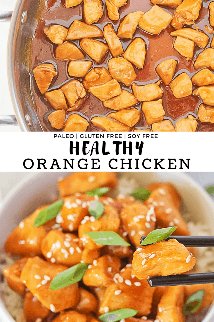 Healthy Orange Chicken in a pot and served in a white bowl with black chopsticks taking a bite.