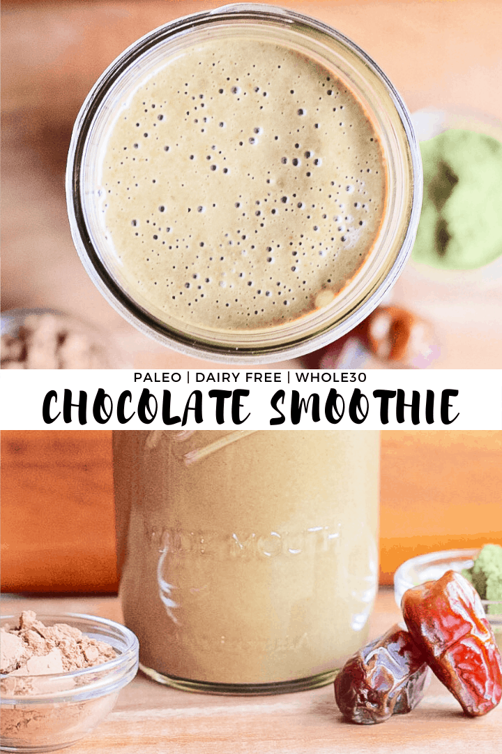 Two pictures combined of a chocolate smoothie in a mason jar with recipe title.