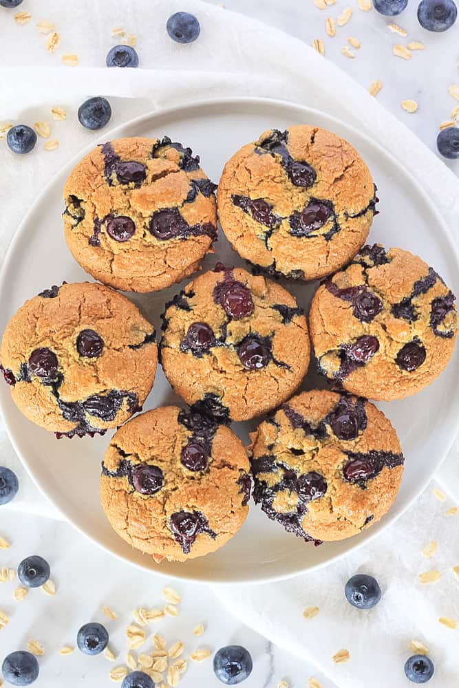 White plate of vegan gluten free blueberry muffins with fresh blueberries and raw oats around the plate.