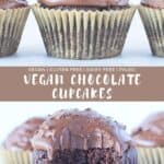 Chocolate vegan and paleo cupcakes, one with a bite taken out of it with the recipe title.