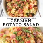 German potato salad with bacon, mustard and dill with recipe title.