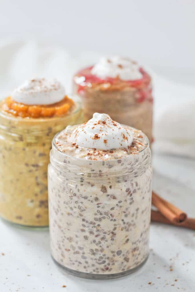 Protein overnight oats in glass jars.