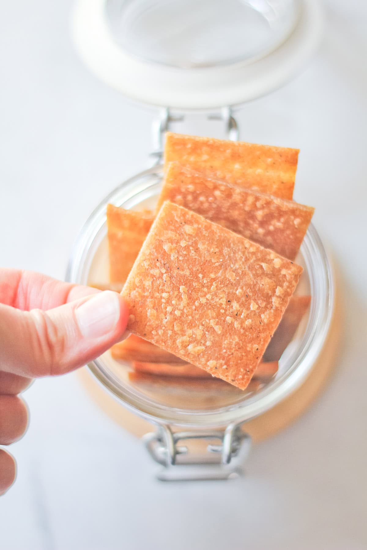Hand holding a homemade sourdough cracker.