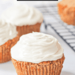 Carrot Cake Muffins with frosting with recipe title over picture.