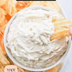 Clam Dip pin image with potato chips.