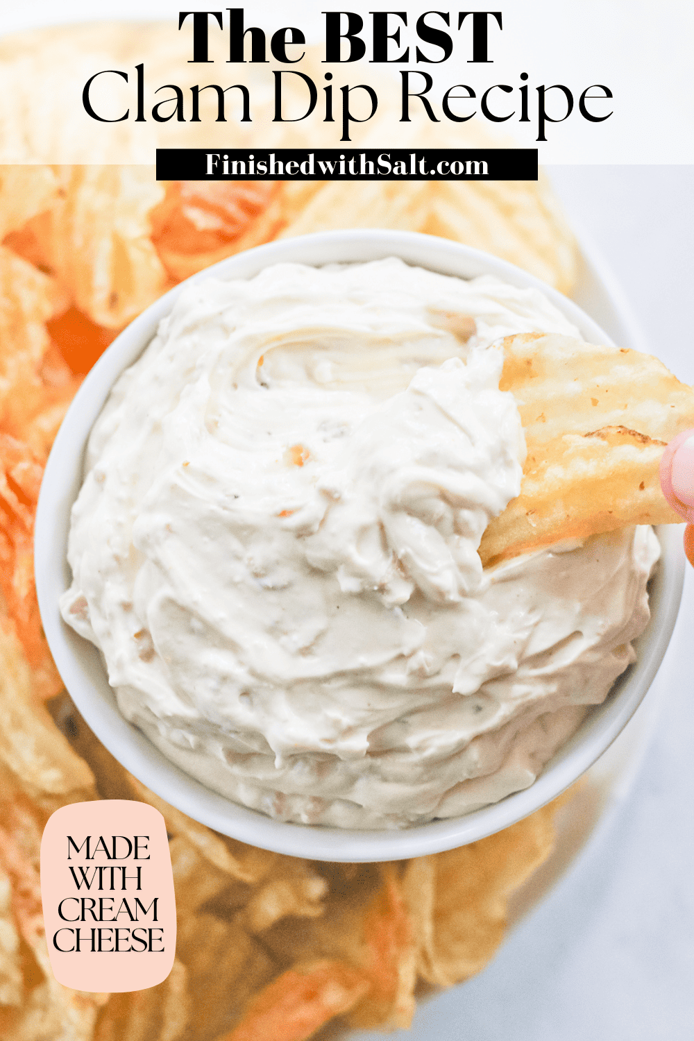 Clam Dip pin image with potato chips.
